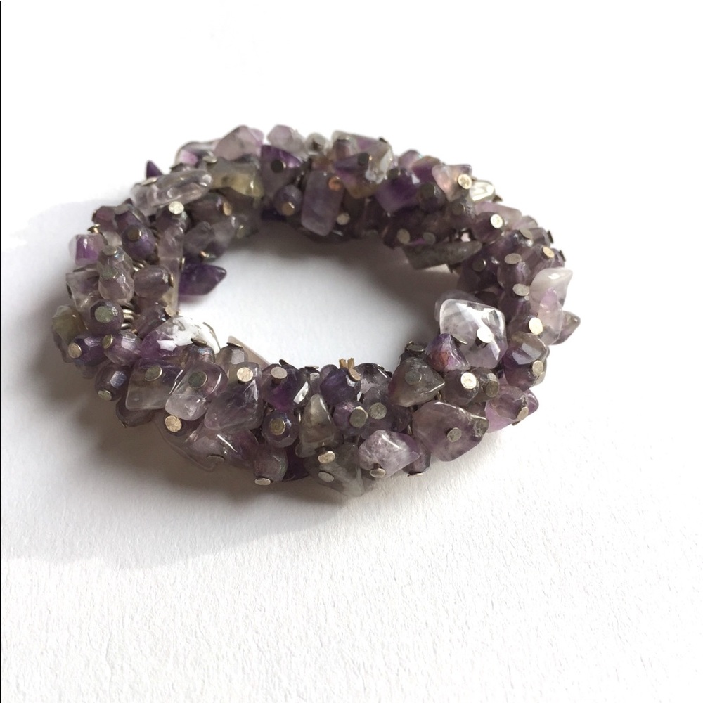 Genuine Amethyst Chip Chunky Wide Stretch Bracelet